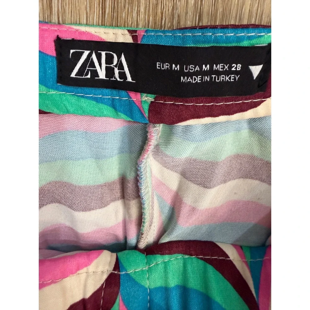 Zara Flare Pants Womens Medium Multicolor Psychedelic‎ Wavy Print Lace Up Retro